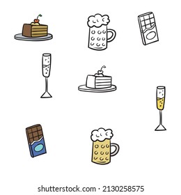 comic drawing of drinks and sweets. isolated, cartoon.