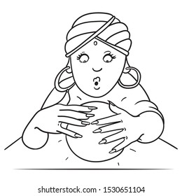 comic drawing of a fortune teller holding her hands over a crystal ball and gazing in wonder. turbarn, superstition, witchcraft, hands, vector, character.