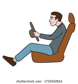 comic drawing of a man with a suit from the side in the car with steering wheel in hand. unhealthy posture, back, harmful.