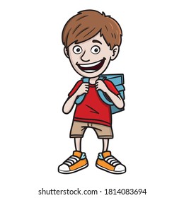 Comic drawing of a school boy with schoolbag laughing. isolated, vector.