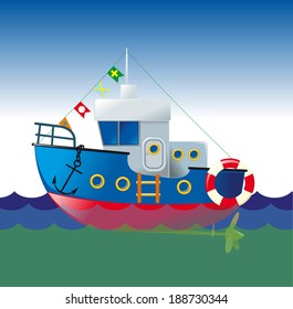 comic drawing of a ship sailing on the waves with raised flags