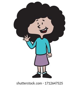comic drawing of a small Mediterranean girl with curly black head that lifts and waves her hand. hole body.