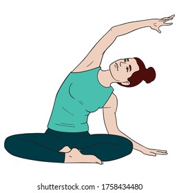 comic drawing of a woman doing yoga, stretching her side with her arm over her head.