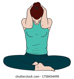 comic drawing of a woman doing yoga stretching her neck.