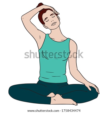 comic drawing of a woman doing yoga stretching her neck to the side.