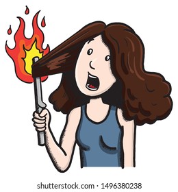 Comic Drawing Of A Woman, With Straightener In Hand, Which Got Caught In The Hair And Started To Burn. Emotion, Fear, Scared, Fire, Technology.