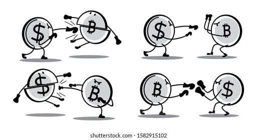 Comic drawings dollar fights with bitcoin. The struggle of conventional and digital currencies