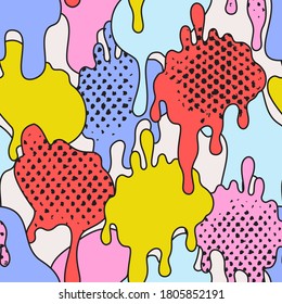 Comic dripping blots background in pop art, graffiti style. Funky paint drips, staines, drops seamless pattern. Bold vector illustration for unusual contemporary design