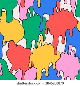 Comic dripping blots background in pop art, graffiti style. Funky paint drips, staines, drops seamless pattern. Bold vector illustration for unusual contemporary design