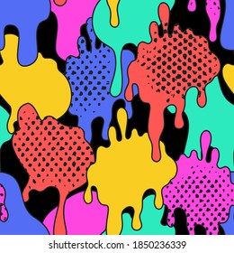 Comic Dripping Blots Background In Pop Art, Graffiti Style. Funky Paint Drips, Staines, Drops Seamless Pattern In Neon Acid Colors. Bold Vector Illustration For Unusual Contemporary Design