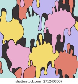 Fondo de manchas de goteo cómico en arte pop, estilo de graffiti. Gotas de pintura funky, manchas, gotas sin patrón. Ilustración de Arte vectorial de Formas de dibujos animados para envolver, textiles, telas, Fondo de pantalla, etc