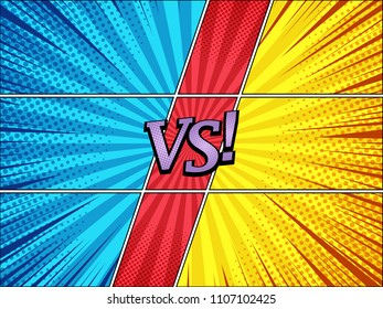 Comic duel bright background with purple VS letters blue red yellow frames rays halftone and radial humor effects. Vector illustration