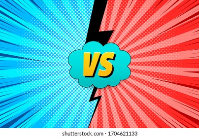 Comic duel fondo brillante con la redacción frente a amarillo nubes color turquesa luminosidad color negro composición dividida en lados rojo y azul. Ilustración del vector