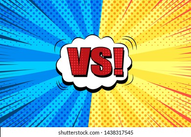 Comic duel bright background with white speech bubble red VS wording halftone rays radial humor effects in yellow and blue colors. Vector illustration