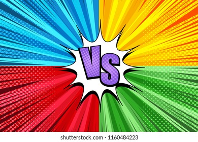 Comic duel bright explosive concept with four sides blue yellow red green backgrounds white speech bubble VS inscription rays halftone radial humor effects. Vector illustration