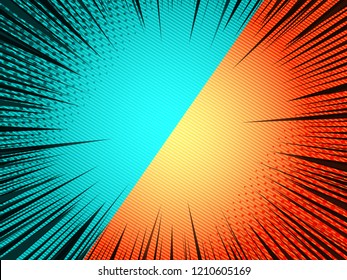 Comic duel bright template with orange and turquoise sides halftone slanted lines rays humor effects. Vector illustration