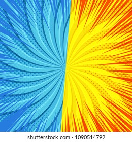 Comic duel bright template with two blue and yellow sides, halftone, rays and radial humor effects. Vector illustration