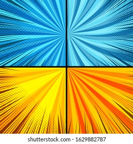 Comic duel colorful dynamic composition with radial rays and halftone effects. Vector illustration