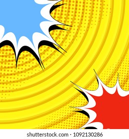 Comic duel concept with colorful speech bubbles halftone and circles humor effects on yellow background. Vector illustration
