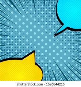 Comic duel concept with colorful speech bubbles opposite each others rays halftone and dotted effects. Vector illustration