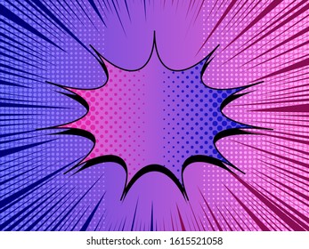 Comic duel concept with speech bubble halftone and rays effects in purple and pink colors. Vector illustration