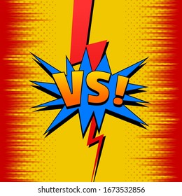 El concepto eléctrico cómic duel con color naranja azulado VS palabras rojo relámpago y rayas en fondo amarillo medio tono. Ilustración del vector