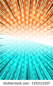 Comic duel explosive template with turquoise and orange sides dotted radial rays humor effects. Vector illustration
