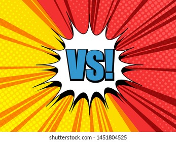 Comic duel and fight bright template with white speech bubble blue VS wording red and yellow beams halftone humor effects. Vector illustration
