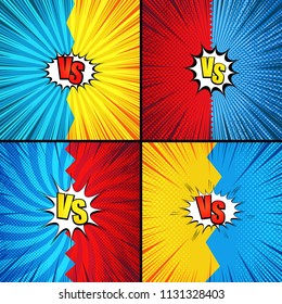 Comic duel and fight concepts set with colorful VS inscriptions white speech bubbles rays radial halftone humor effects in yellow blue and red colors. Vector illustration