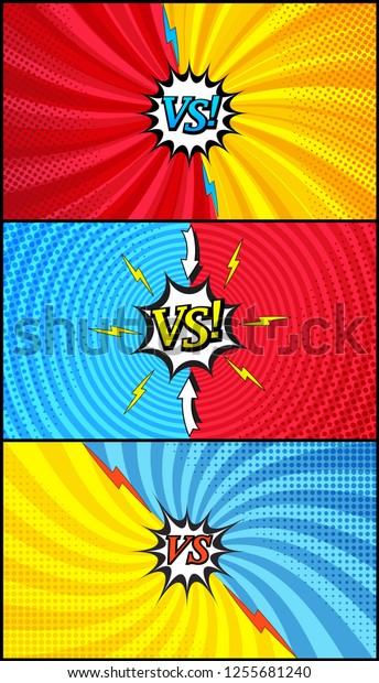 Comic\
duel and fight horizontal banners with red blue yellow sides white\
speech bubbles colorful VS inscriptions arrows lightnings halftone\
circles radial humor effects. Vector\
illustration