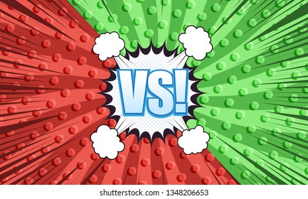 Comic duel and fight template with two opposite red and green sides white speech bubbles clouds blue VS wording rays dotted radial humor effects. Vector illustration