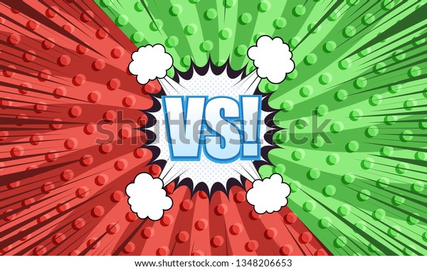 Comic duel and fight\
template with two opposite red and green sides white speech bubbles\
clouds blue VS wording rays dotted radial humor effects. Vector\
illustration