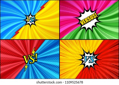 Comic duel and fight templates set with colorful inscriptions speech bubbles rays radial lightnings and halftone humor effects. Vector illustration