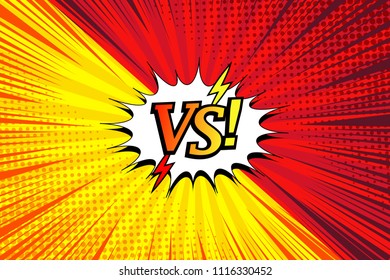 Comic duel horizontal concept with two opposite sides white speech bubble lightnings rays halftone radial humor effects in red and yellow colors. Vector illustration