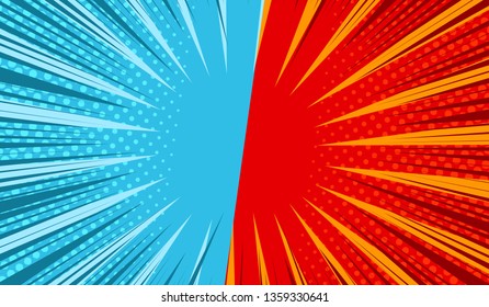 Comic duel horizontal template with red and blue sides halftone dynamic rays humor effects. Vector illustration