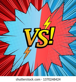 Comic duel starry template with blot yellow VS letters halftone lightnings rays radial humor effects in blue and red colors. Vector illustration