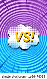 Comic duel vertical template with yellow VS wording white speech bubble purple and blue rays halftone circles effects. Vector illustration