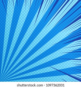 Comic dynamic blue background with radial rays and dotted humor effects. Vector illustration