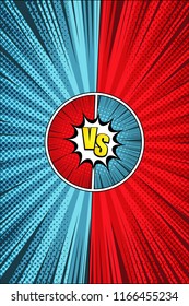 Comic dynamic duel vertical concept with blue and red sides yellow VS inscription rays halftone and radial effects. Vector illustration