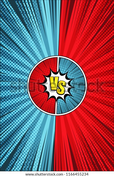 Comic dynamic duel vertical concept with\
blue and red sides yellow VS inscription rays halftone and radial\
effects. Vector\
illustration