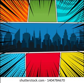 Comic dynamic elegant concept with night city silhouette radial halftone stripes and rays humor effects. Vector illustration