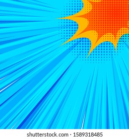 Comic dynamic explosive concept with blue beams colorful speech bubbles and halftone effects. Vector illustration