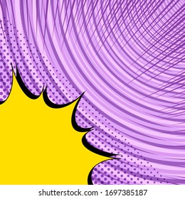 Comic dynamic explosive concept with yellow speech bubble purple rays halftone circles effects. Vector illustration