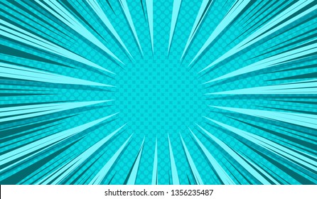 Comic dynamic explosive turquoise background with different beams rays and halftone effects. Vector illustration