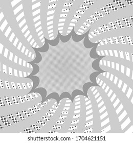 Comic dynamic funny template with blank speech bubble twisted radial circles halftone effects in gray colors. Vector illustration