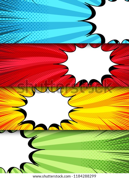 Comic dynamic horizontal banners with white\
blank speech bubbles rays radial and halftone effects in bright\
colors. Vector\
illustration