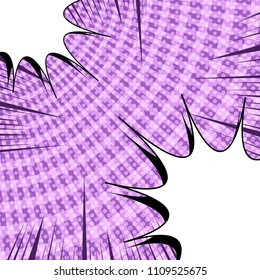 Comic dynamic purple concept with white speech clouds circles rays radial and halftone humor effects. Vector illustration