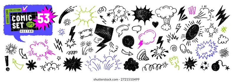 Iconos de dibujos animados de efecto cómico. Doodle línea pop Elementos. Smoke, bomba, burbuja, crayón de Vector en la nube o pincel bg. Pedo, boom, sorpresa, velocidad, wow forma de pop de discurso. Conjunto de efectos cómicos de doodle pop dibujado a mano