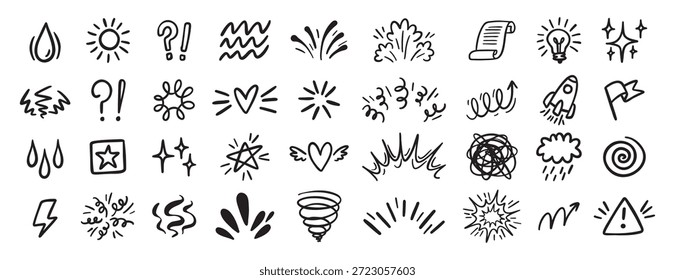 Conjunto de ícones de efeitos cômicos, coleção de elementos de doodle de mangá. Movimento de anime retrô, exclamação e expressões de ênfase. Doodle emoção do personagem em estilo cômico. Ilustração vetorial