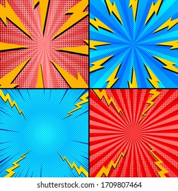 Comic electric colorful backgrounds with humor effects and various lightnings. Vector illustration